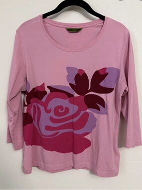 Oilily RARE Three-Quarter-Sleeve Bold Rose Motif Casual Pink Tee Women’s Size S